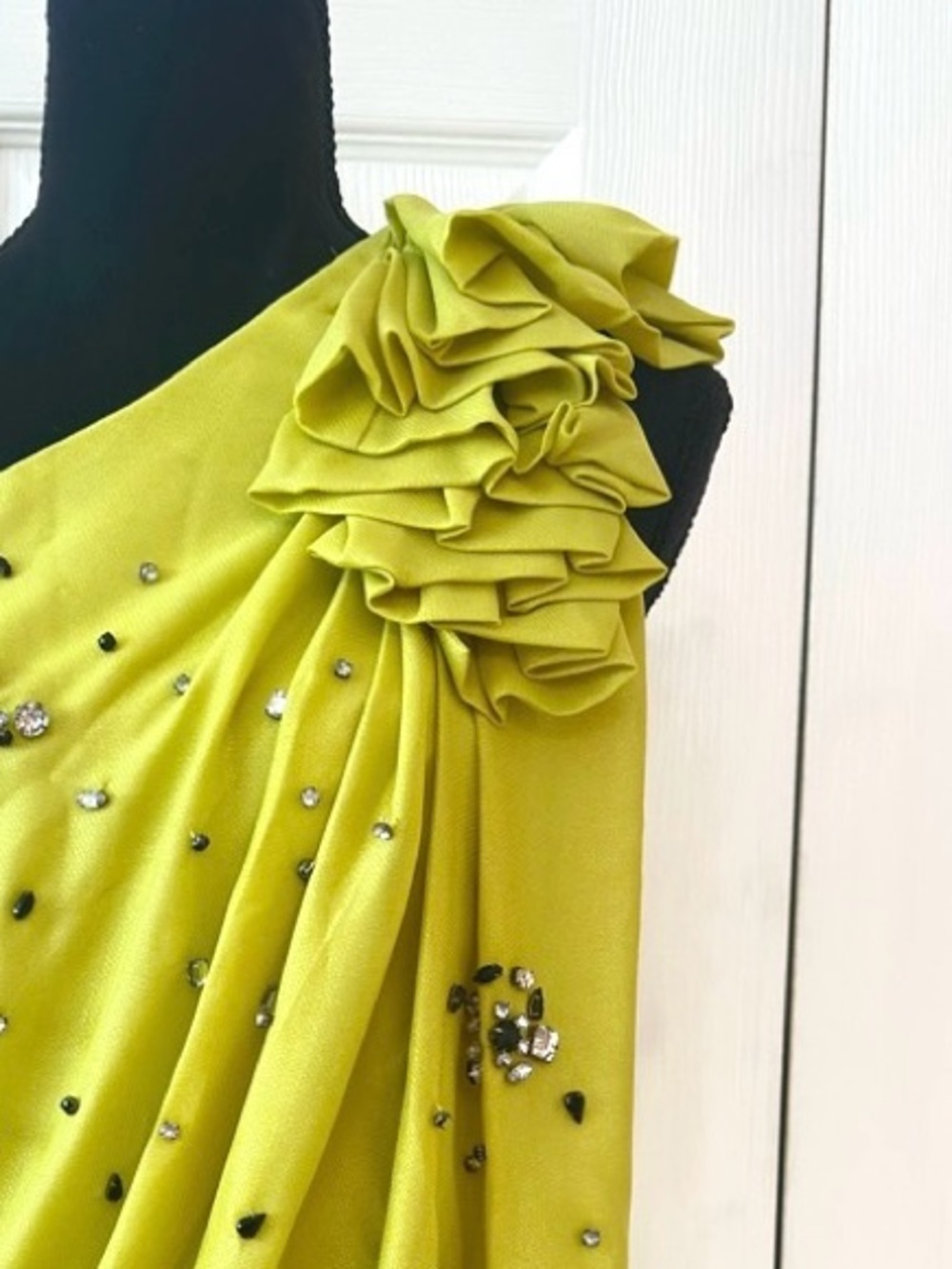 Ark & Co Chartreuse One Shoulder Rhinestone Ruffle Cocktail Mini Dress - Picture 10 of 14